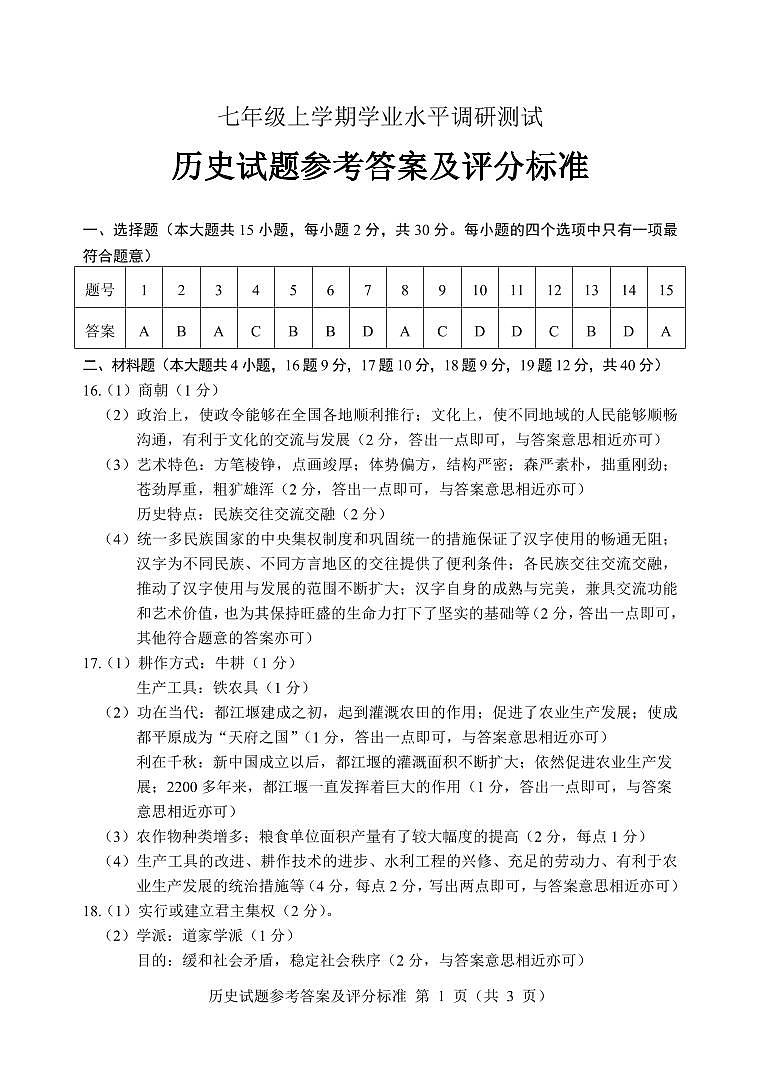 2023年全省抽测七年级 历史 试卷+答题卡+答案01