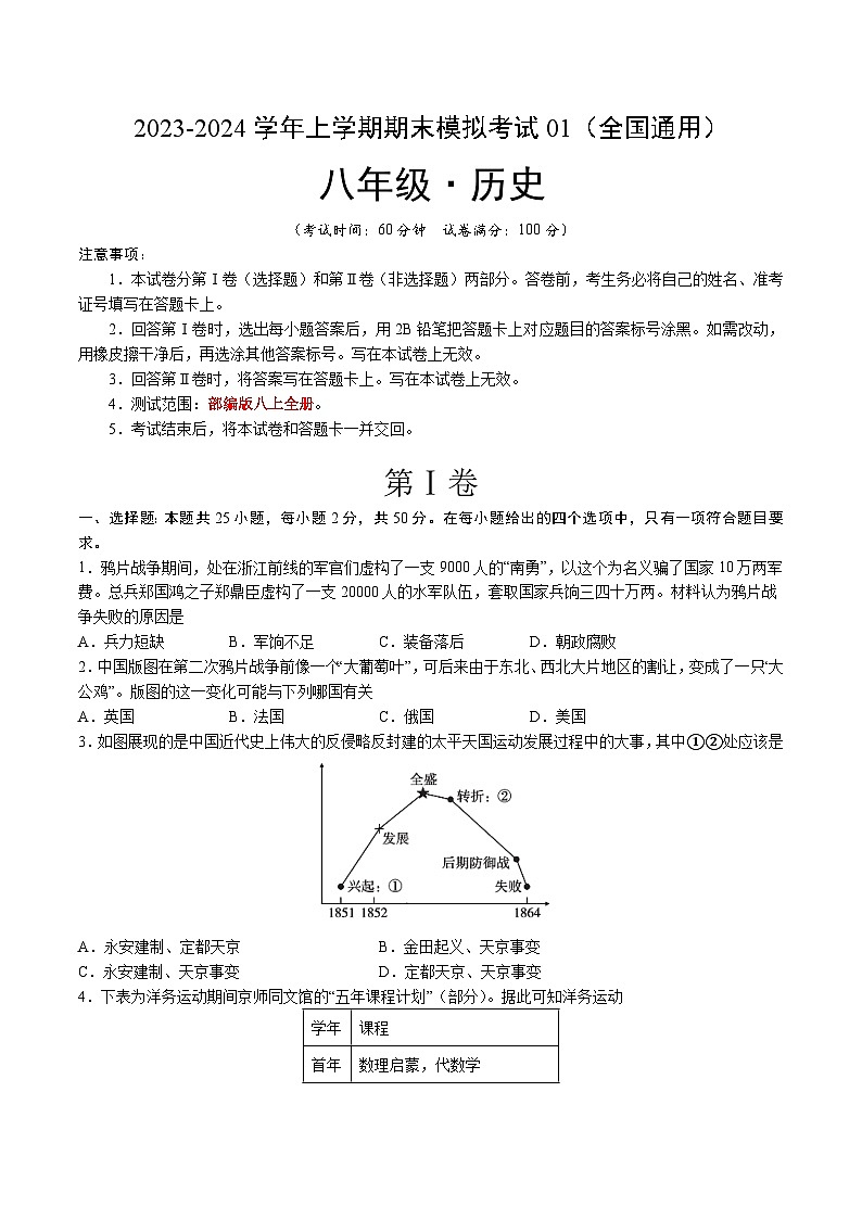 八年级历史期末模拟卷01（全国通用）（考试版A4）【测试范围：八上全册】第1页