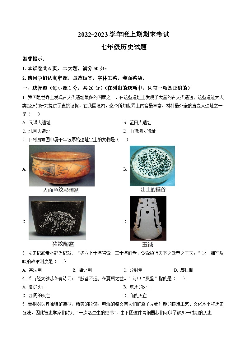 河南省周口市太康县2022-2023学年七年级上学期期末 历史试题（解析版）01