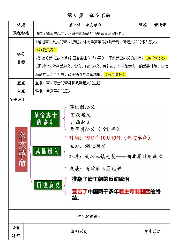 第9课辛亥革命  教案 2023-2024学年部编版八年级历史上册第1页
