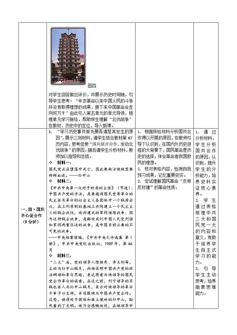第15课 国共合作与北伐战争【教案】（表格式）2023-2024学年部编版八年级历史上册03