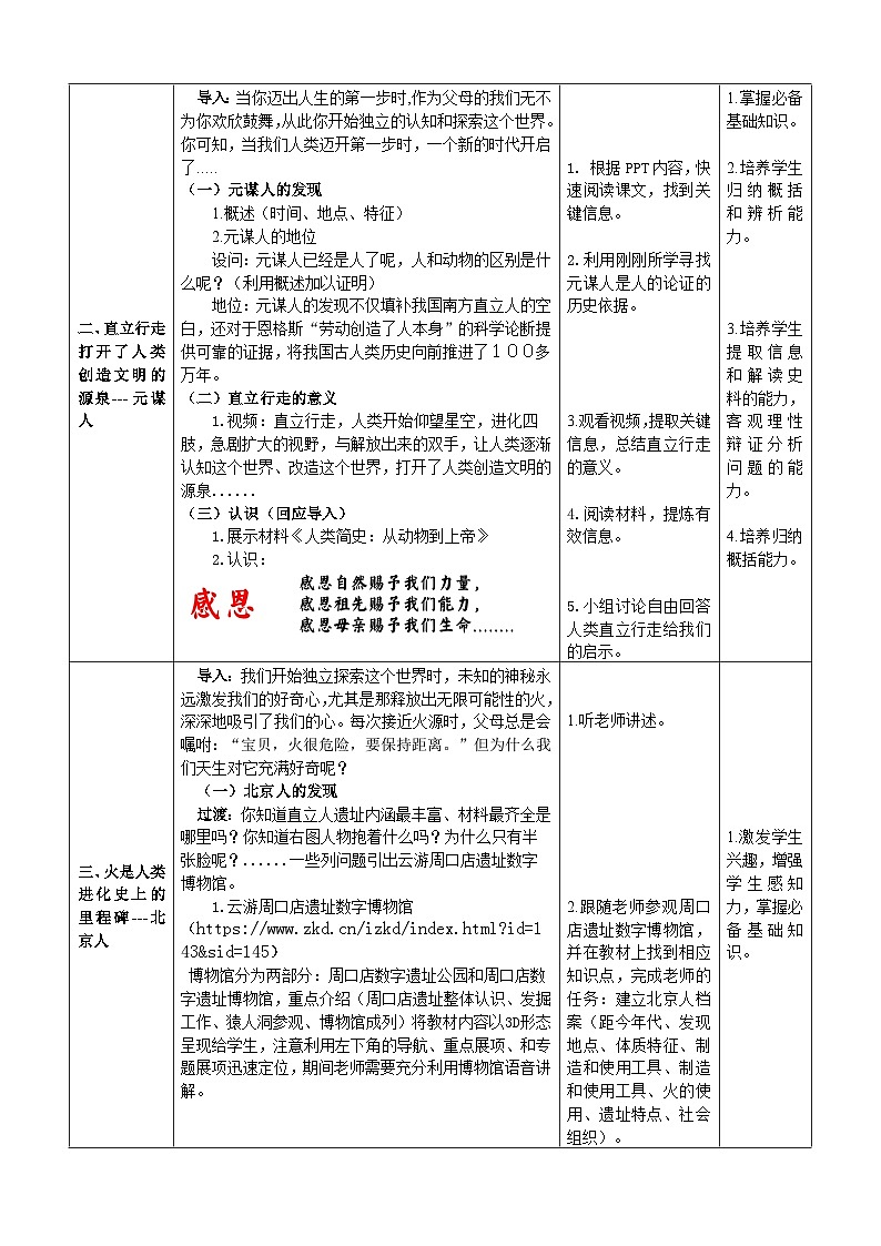 第1课 中国境内早期人类的代表——北京人  教学设计（表格式）2023年秋部编版七年级上册历史第3页