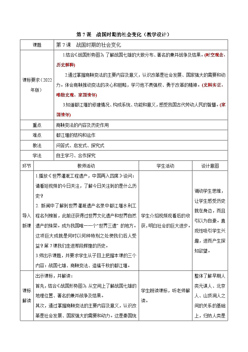 第7课 战国时期的社会变化  教学设计（表格式）2023年秋部编版七年级上册历史01