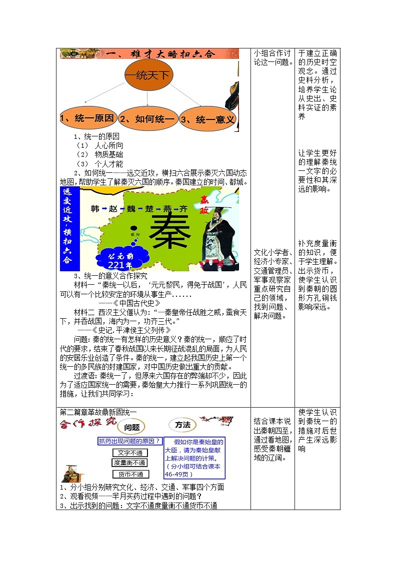 第9课 秦统一中国  教案（表格式）2023年秋部编版七年级历史上册02