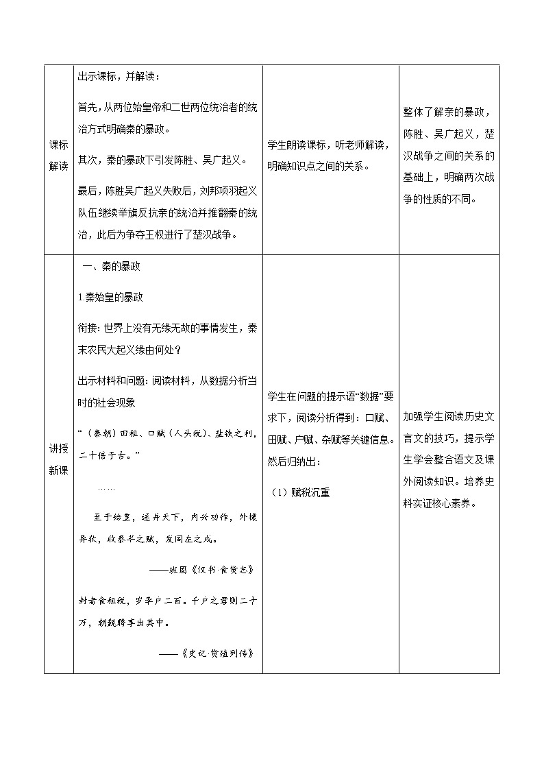 第10课 秦末农民大起义 教学设计（表格式）2023年秋部编版七年级上册历史第2页