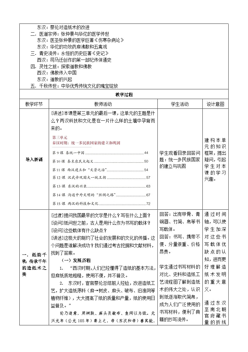 第15课 两汉的科技和文化  教案（表格式）2023年秋部编版七年级历史上册02