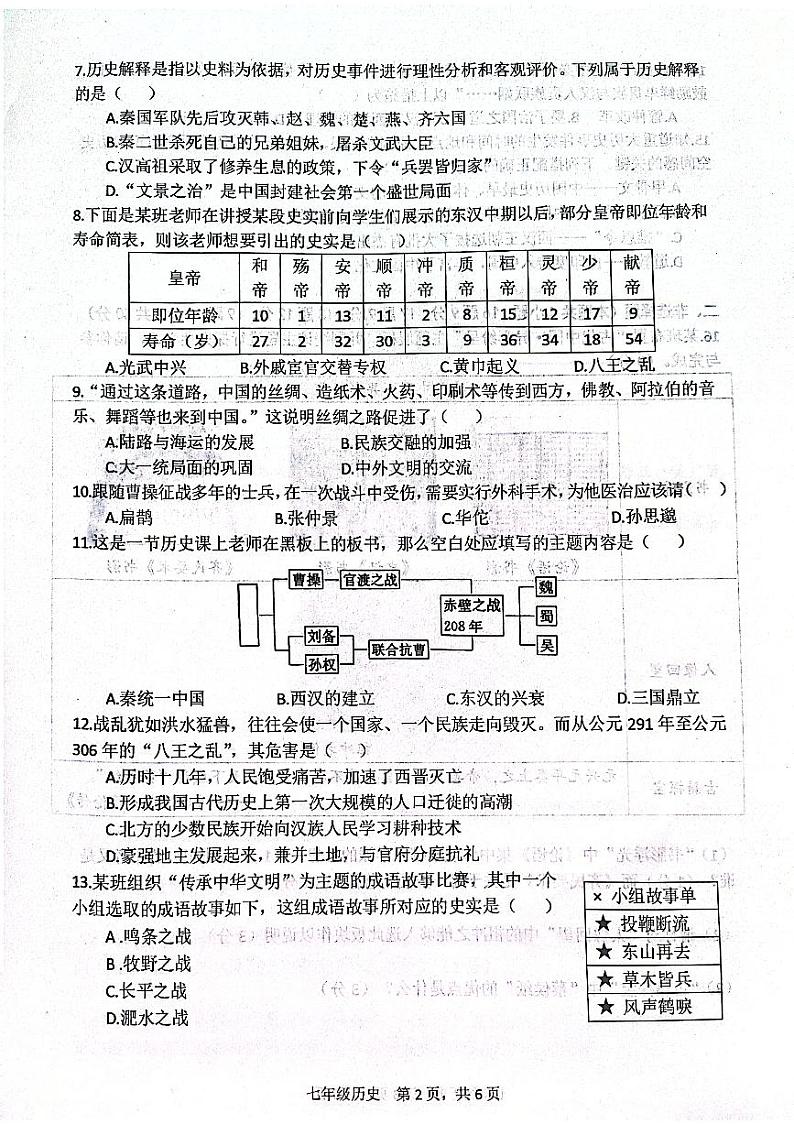 辽宁省大连市瓦房店市2023-2024学年七年级上学期1月期末历史试题02