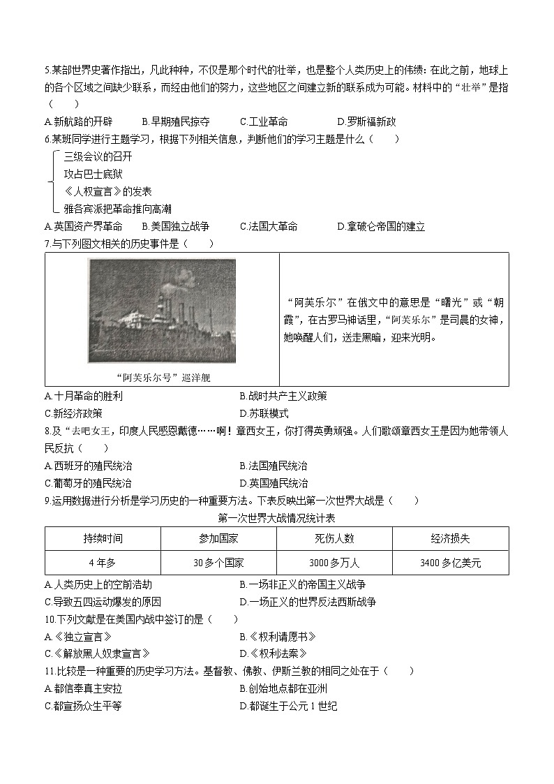 辽宁省丹东市凤城市2023-2024学年部编版九年级上学期期末考试历史试题02