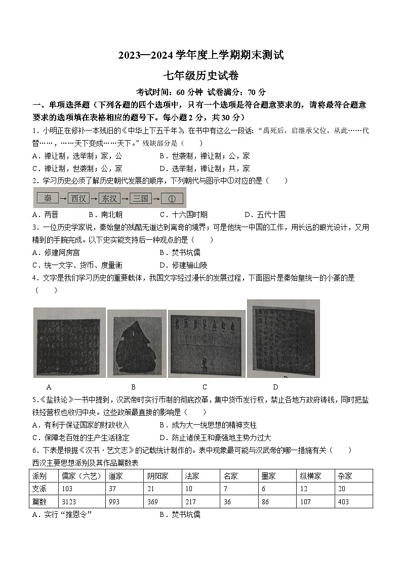 辽宁省丹东市凤城市2023-2024学年部编版七年级历史上学期期末考试题（含答案）01