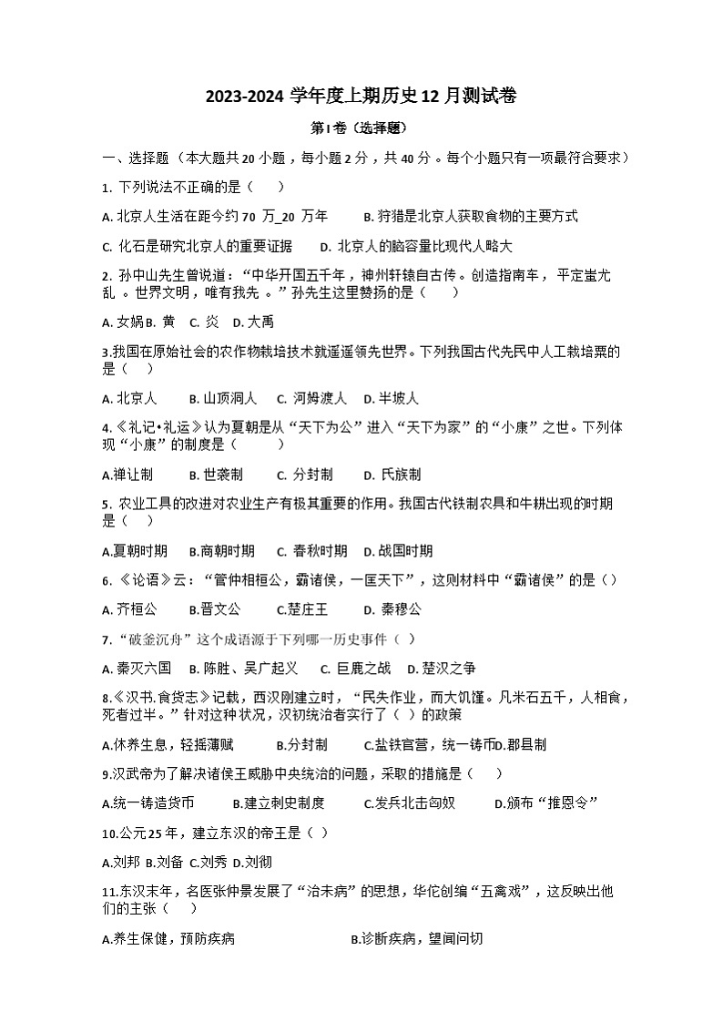 湖南省郴州市永兴树德教育集团2023_2024学年七年级上学期第二次月考历史试卷01