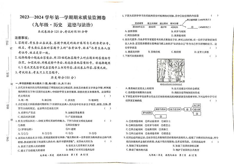 甘肃省陇南市康县2023-2024学年九年级上学期期末考试历史、道德与法治试题01
