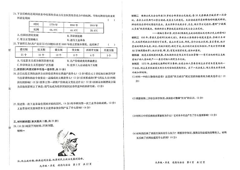 甘肃省陇南市康县2023-2024学年九年级上学期期末考试历史、道德与法治试题03