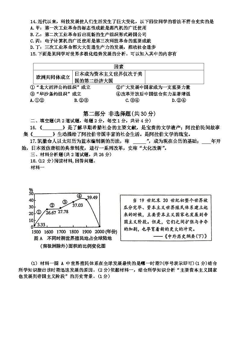陕西省西安市高新第一中学2023-2024学年部编版九年级上学期历史中考第一次模拟试题03