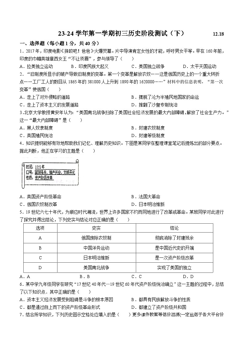 山东省威海市文登区城区重点中学（五四制）2023-2024学年八年级上学期12月月考历史试题(无答案)01