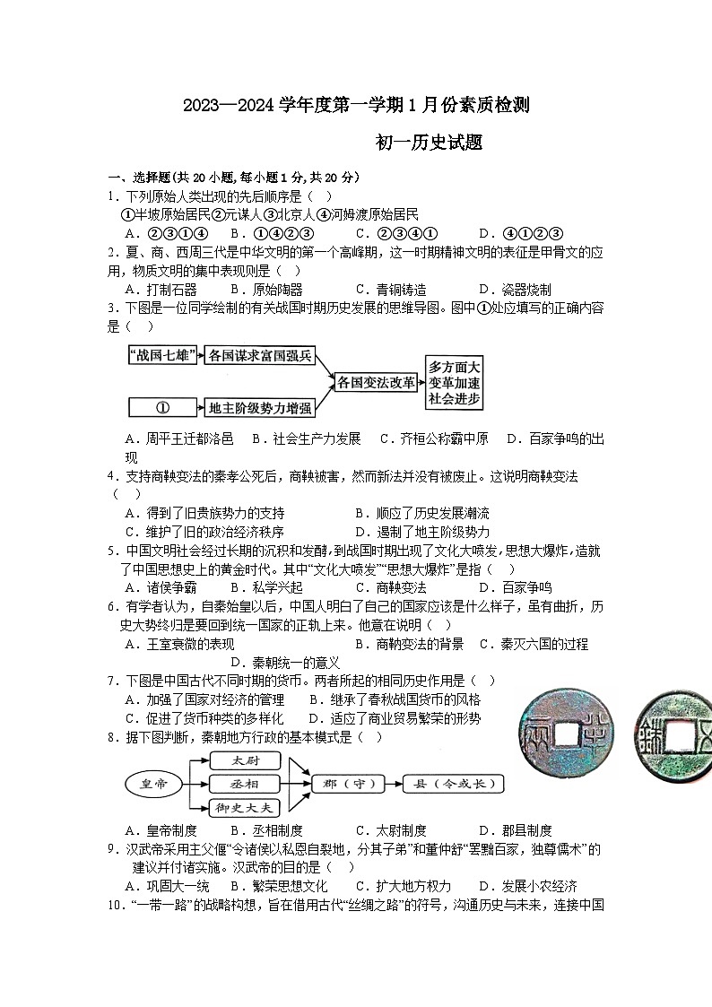 山东省菏泽市曹县2023—2024学年部编版七年级历史上学期第二次月考试题第1页