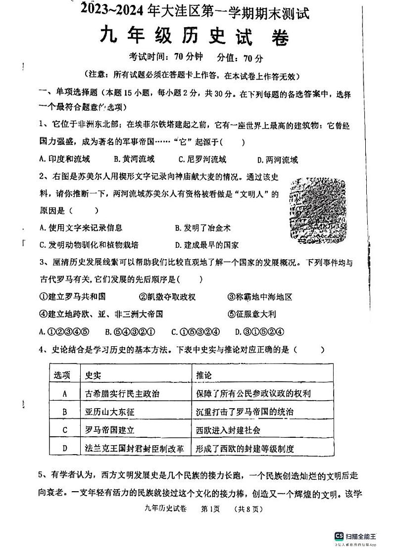 辽宁省盘锦市大洼区2023-2024学年九年级上学期期末历史试题01