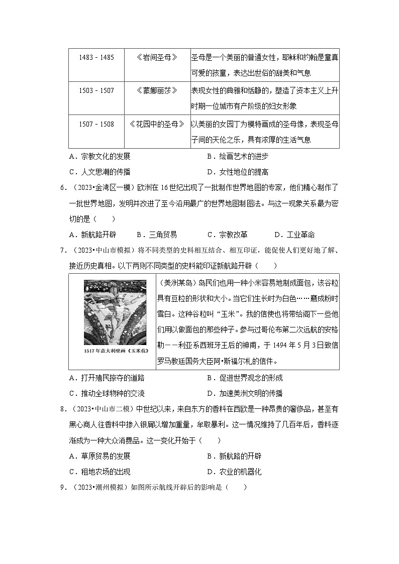 广东三年（2021-2023）初中历史模拟题分类汇编---走向近代与资本主义制度的初步确立02