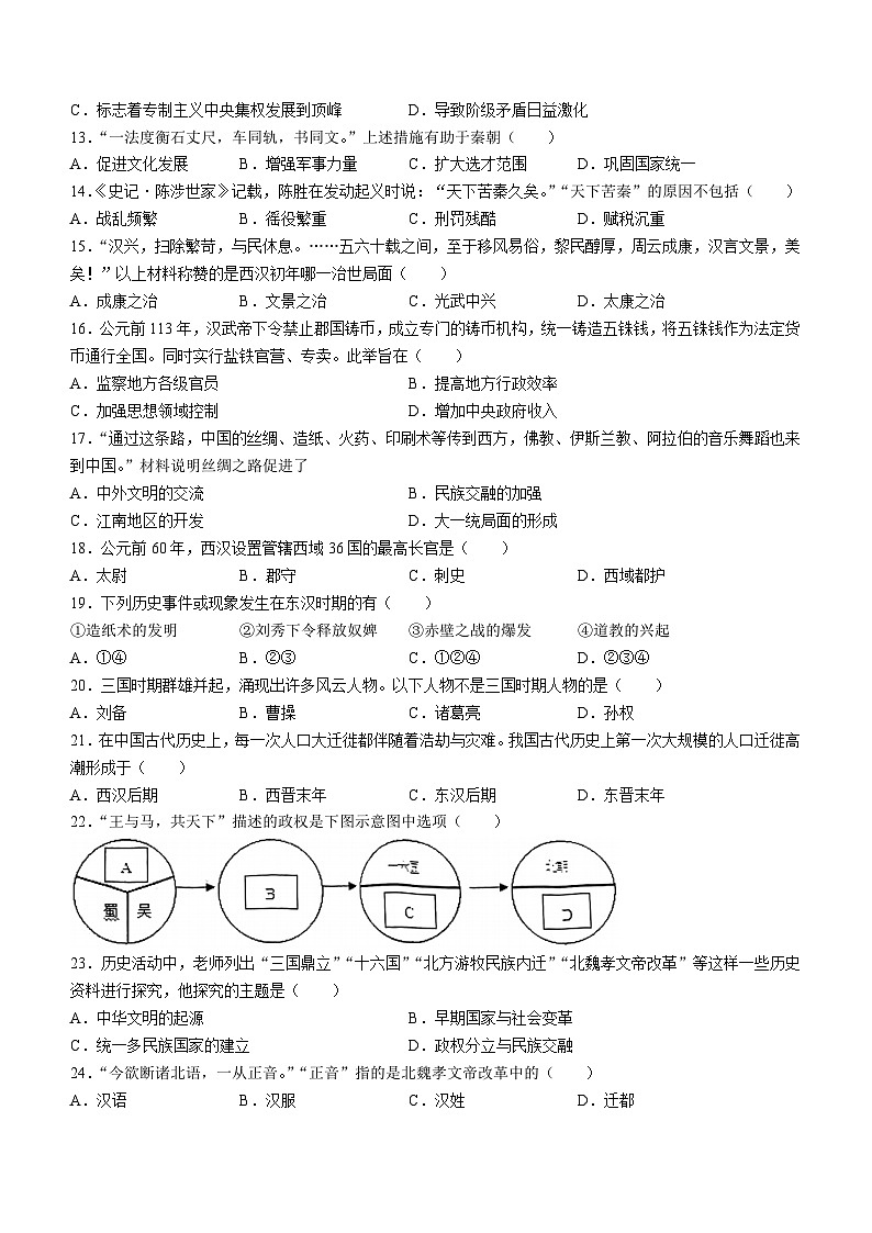 江苏省南京市鼓楼区树人学校2023-2024学年部编版七年级上学期历史期末试卷(无答案)02
