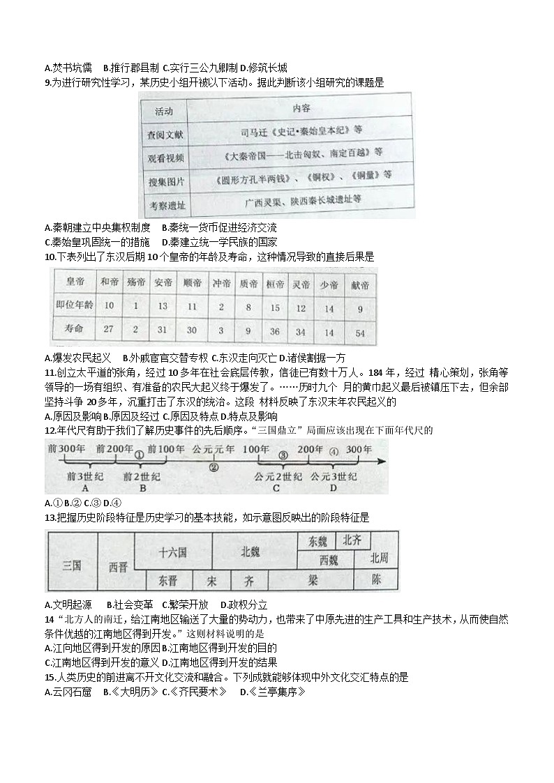 辽宁省大连市中山区2023-2024学年部编版七年级上学期期末历史试题（含答案）02