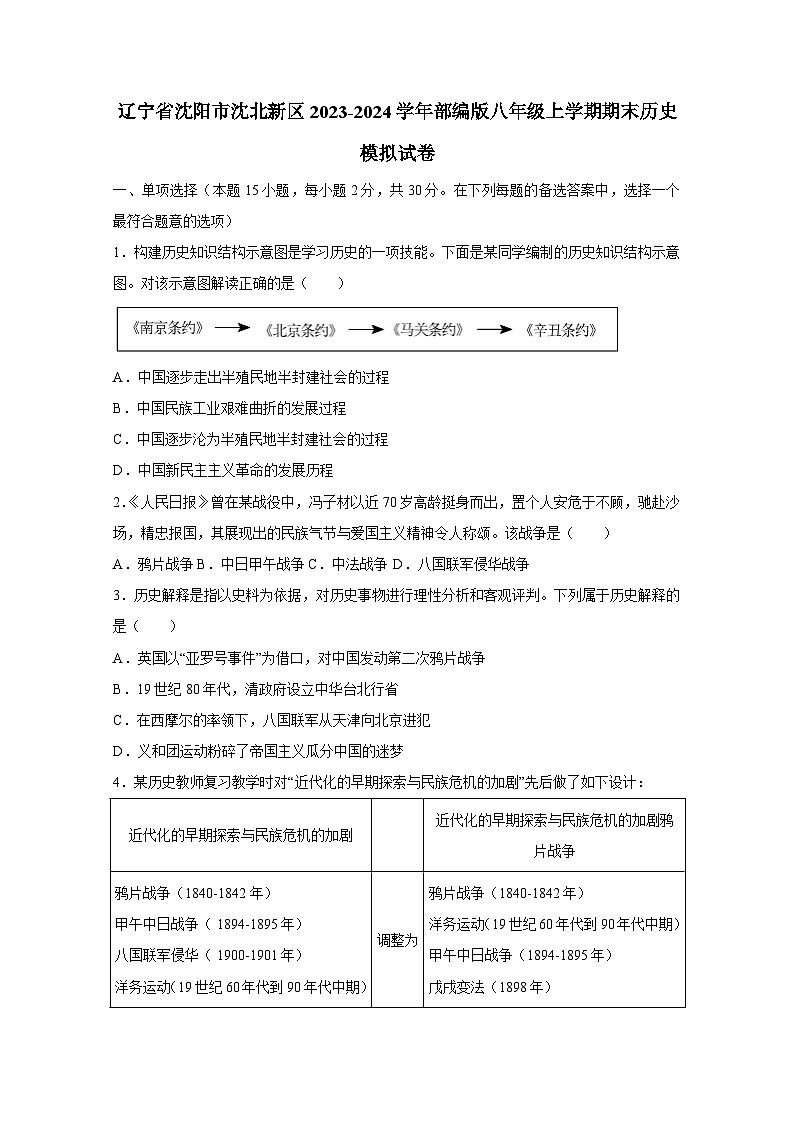 辽宁省沈阳市沈北新区2023-2024学年部编版八年级上册期末历史检测试卷（附答案）01