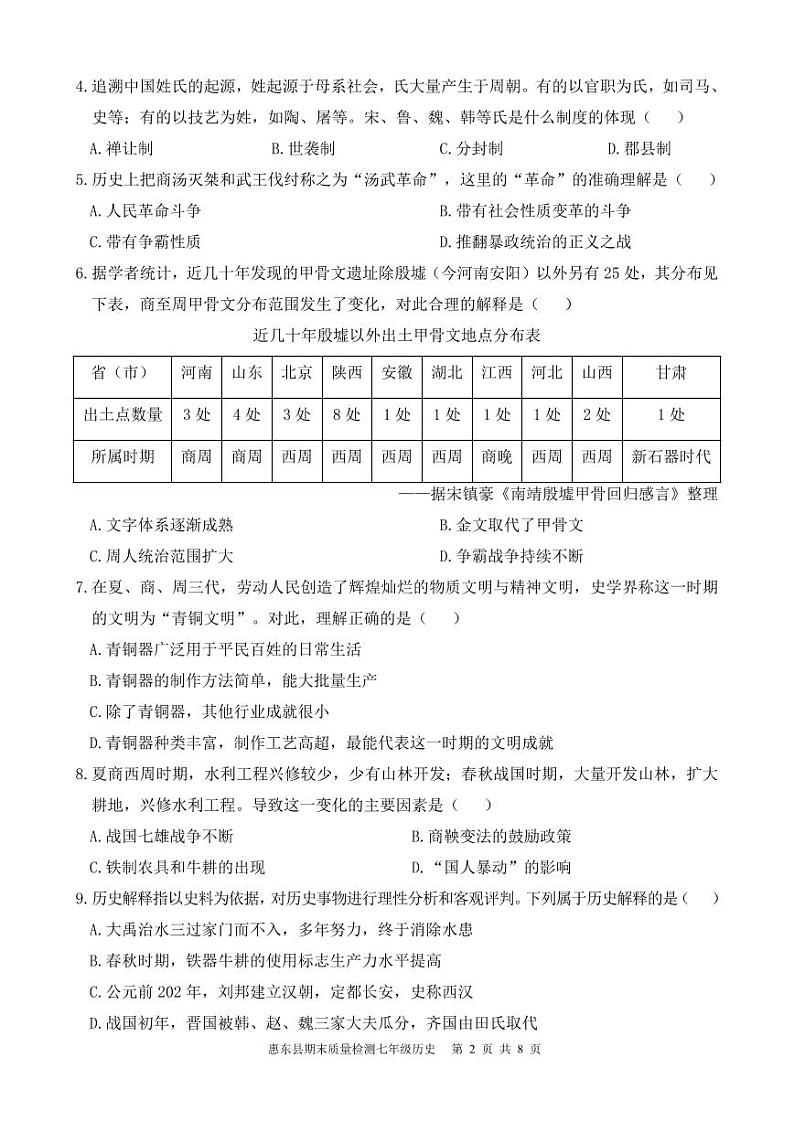广东省惠州市惠东县2023-2024学年部编版七年级上学期1月期末历史试题02