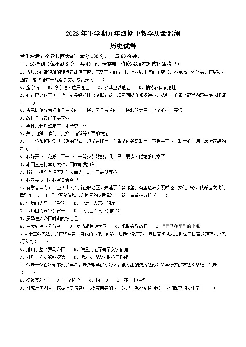 湖南省张家界市桑植县2023-2024学年九年级上学期期中考试历史试卷01