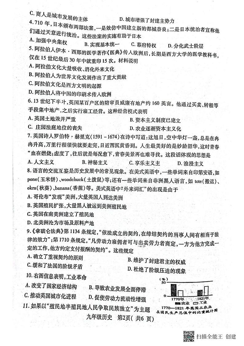河南省邓州市2023-2024学年九年级上学期期末质量评估历史试卷+02