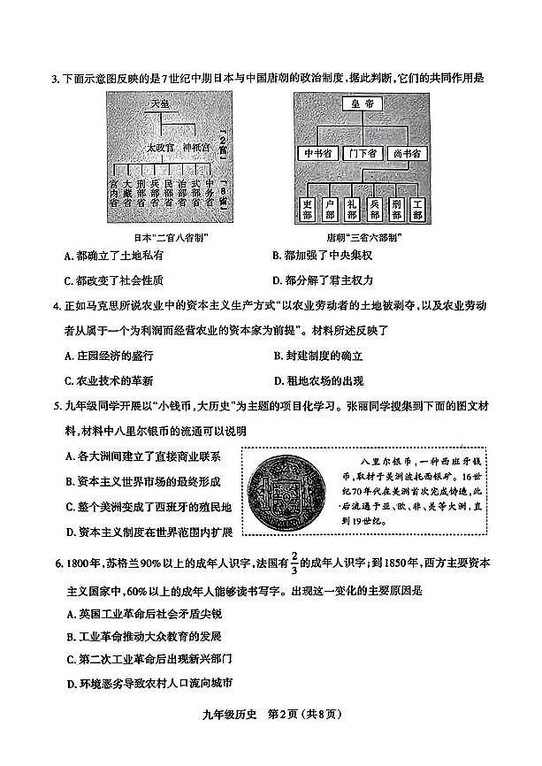 山西省太原市2023-2024学年第一学期九年级期末学业诊断历史试卷和答案第2页