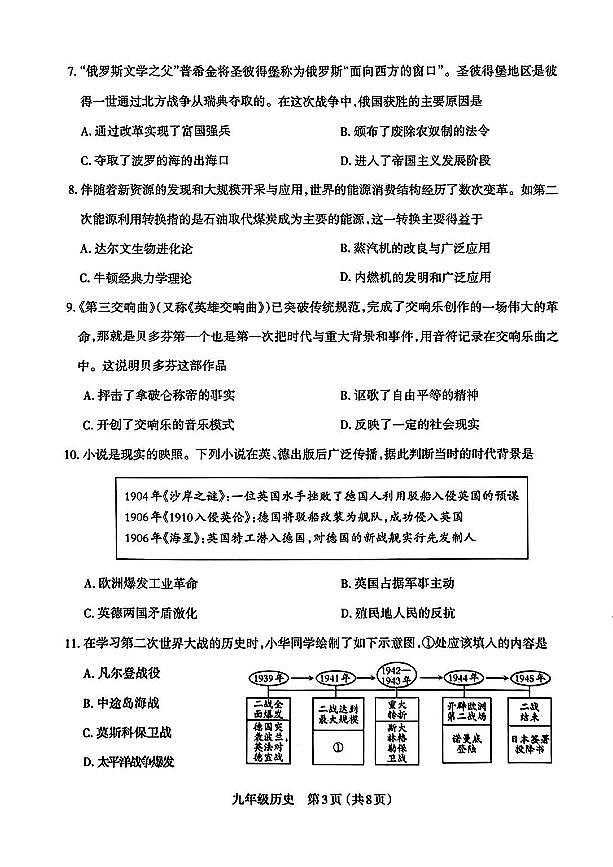 山西省太原市2023-2024学年第一学期九年级期末学业诊断历史试卷和答案第3页