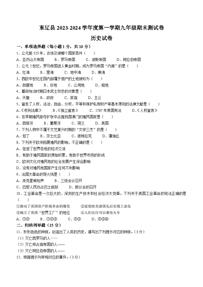 吉林省辽源市东辽县2023-2024学年九年级上学期期末历史试卷01