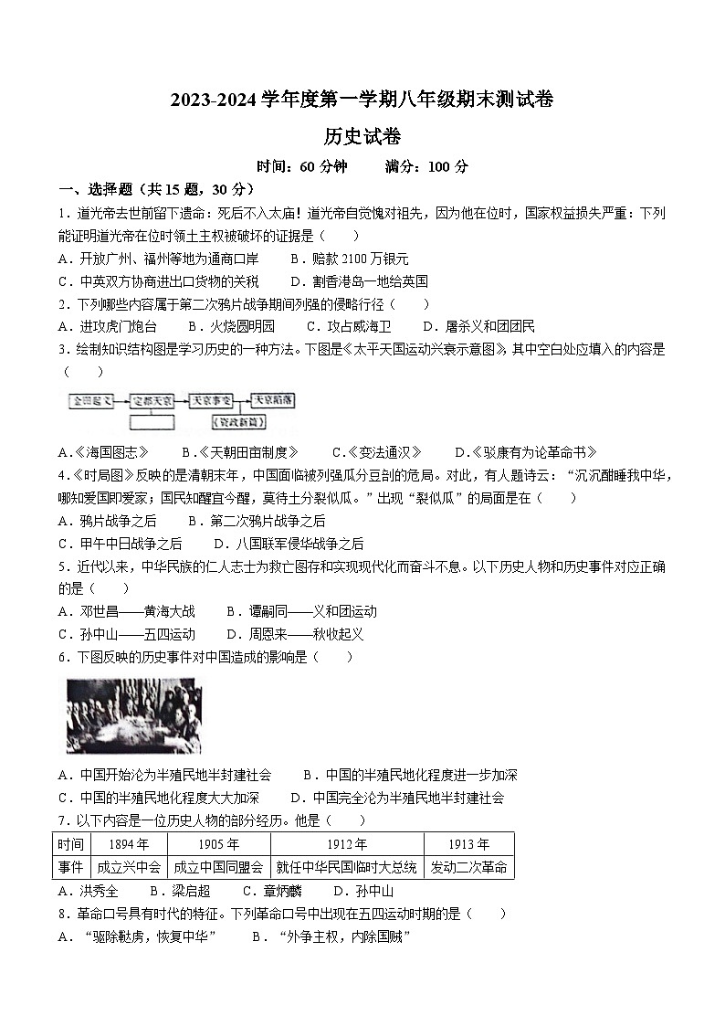 吉林省四平市伊通满族自治县2023-2024学年八年级上学期期末历史试卷01