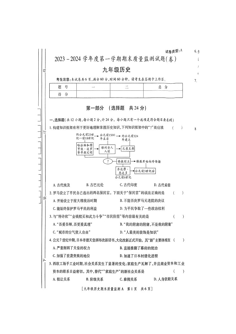 陕西省商洛市2023-2024学年九年级上学期1月期末历史试卷01