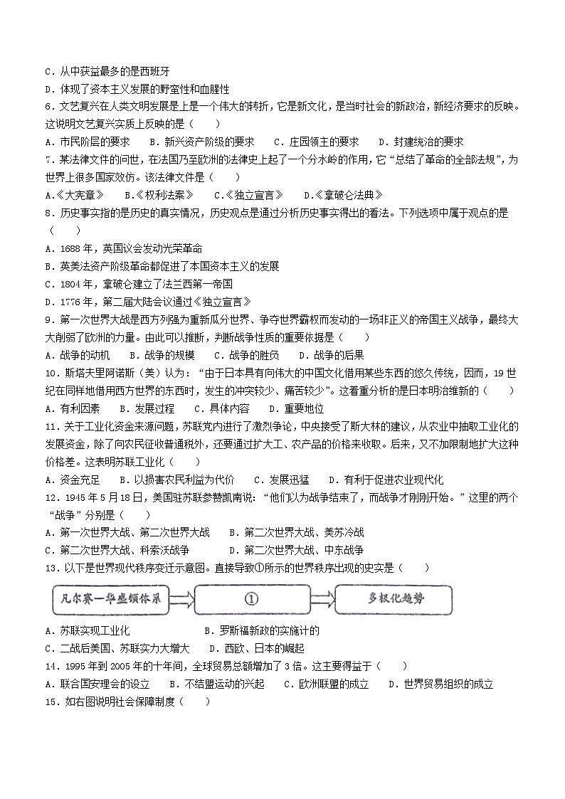 重庆市奉节县2023-2024学年上学期九年级历史期末试题(无答案)第2页