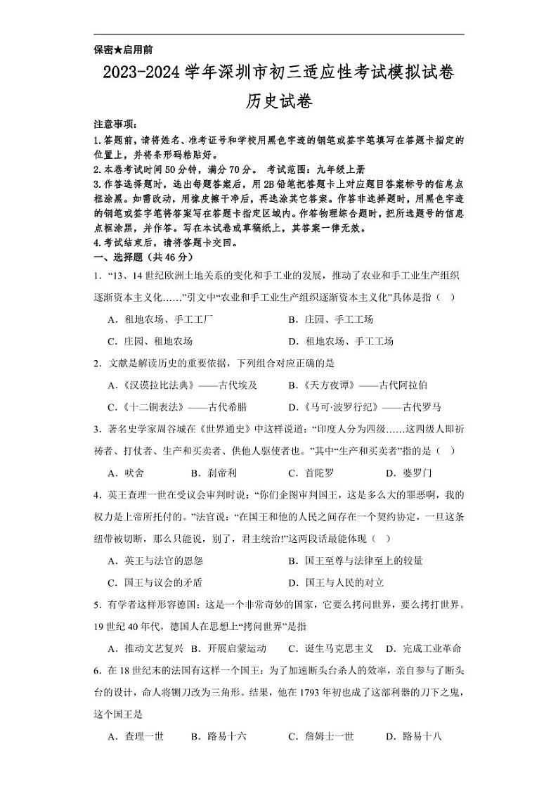 广东省深圳市2023-2024学年部编版九年级历史上学期适应性考试模拟试卷01