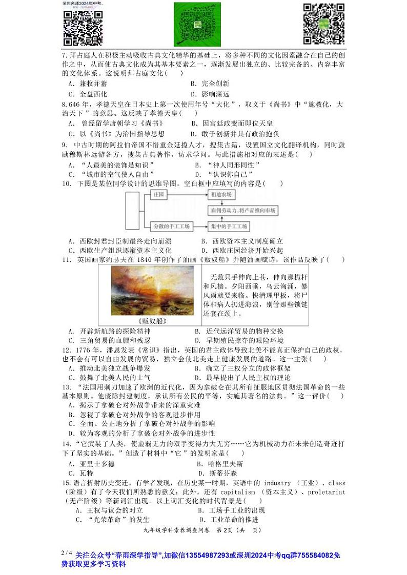 广东省深圳市宝安区宝安中学（集团）2023-2024学年部编版九年级历史上学期12月期末模拟试卷02