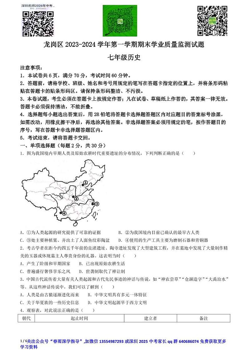 广东省深圳市龙岗区2023-2024学年部编版七年级历史上学期1月期末试题(无答案)第1页