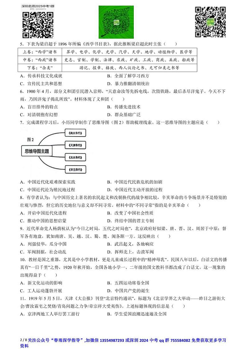 广东省深圳市南山区外国语学校（集团）滨海学校2023-2024学年部编版八年级上学期历史期末试卷(无答案)02
