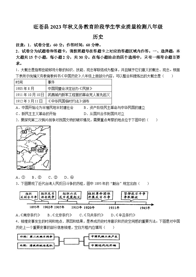 四川省广元市旺苍县2023-2024学年八年级上学期义务教育阶段学生学业质量检测历史试卷(无答案)第1页