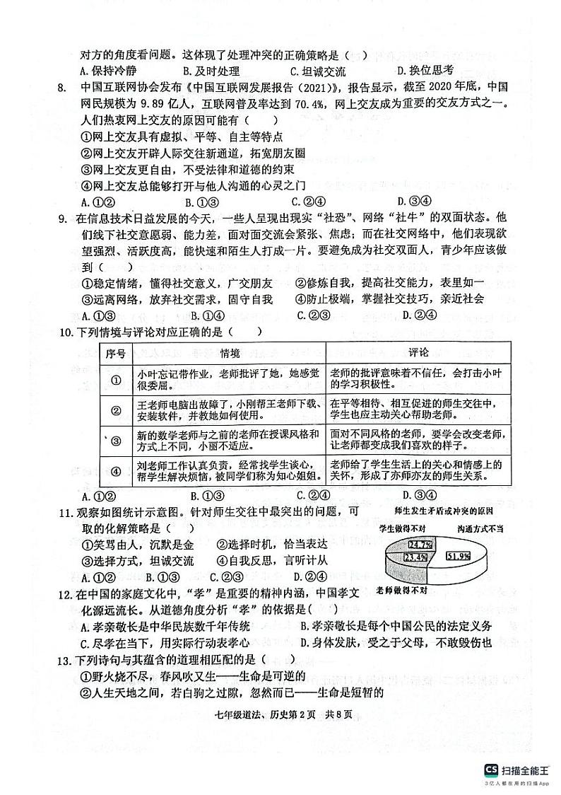 湖北省黄石市部分学校2023-—2024学年七年级上学期期末考试道德与法治、历史试题02
