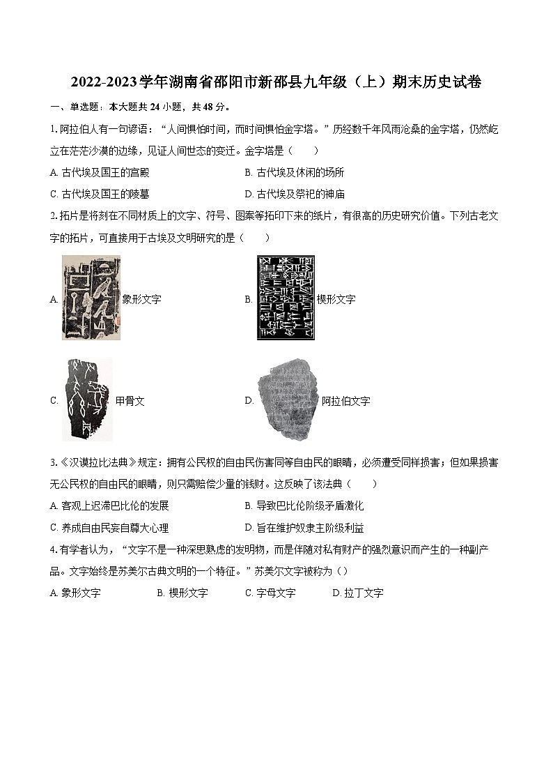 2022-2023学年湖南省邵阳市新邵县九年级（上）期末历史试卷（含详细答案解析）01