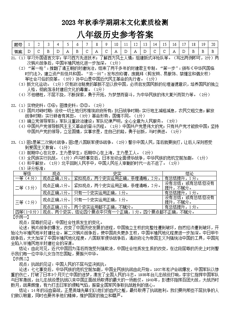 广西壮族自治区崇左市宁明县2023-2024学年八年级上学期1月期末历史试题（含答案）01