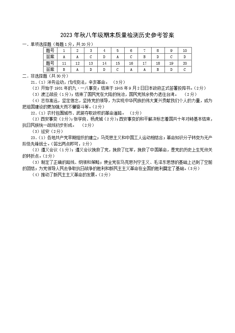 河南省商丘市柘城县2023-2024学年八年级上学期1月期末历史试题（含答案）01