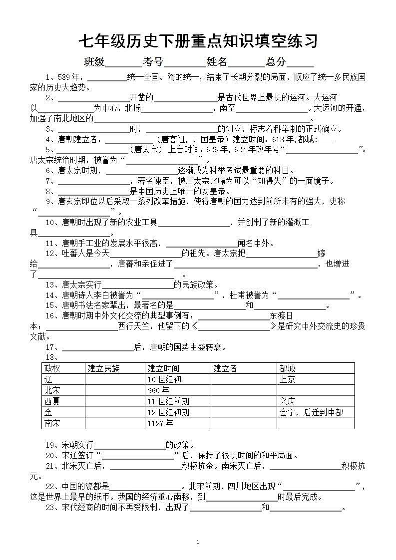 初中历史部编版七年级下册重点知识填空练习（共46题，附参考答案）第1页