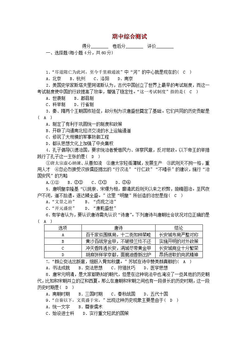 2024七年级历史下学期期中综合测试卷（附答案部编版）01