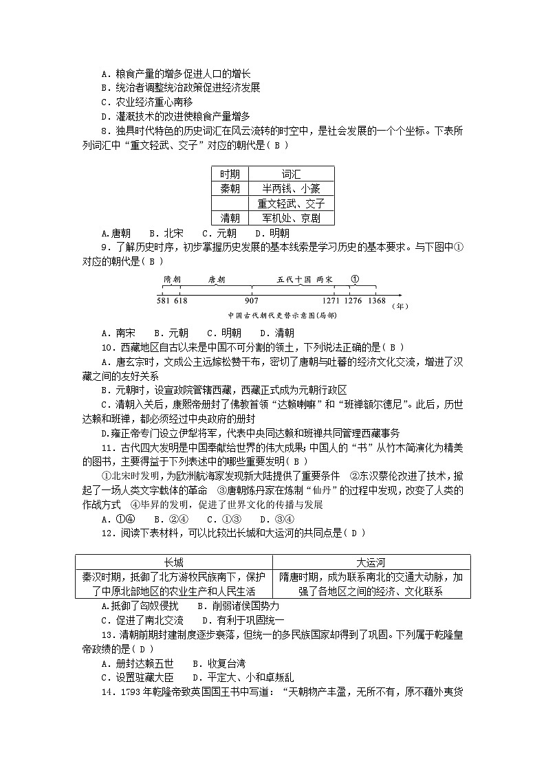2024七年级历史下学期期末综合检测卷一（附答案部编版）02