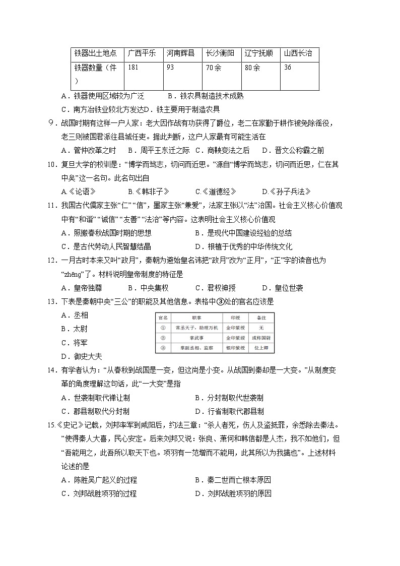 江苏省句容市2023-2024学年七年级上册期末阶段性学习评价历史模拟试题（附答案）第2页