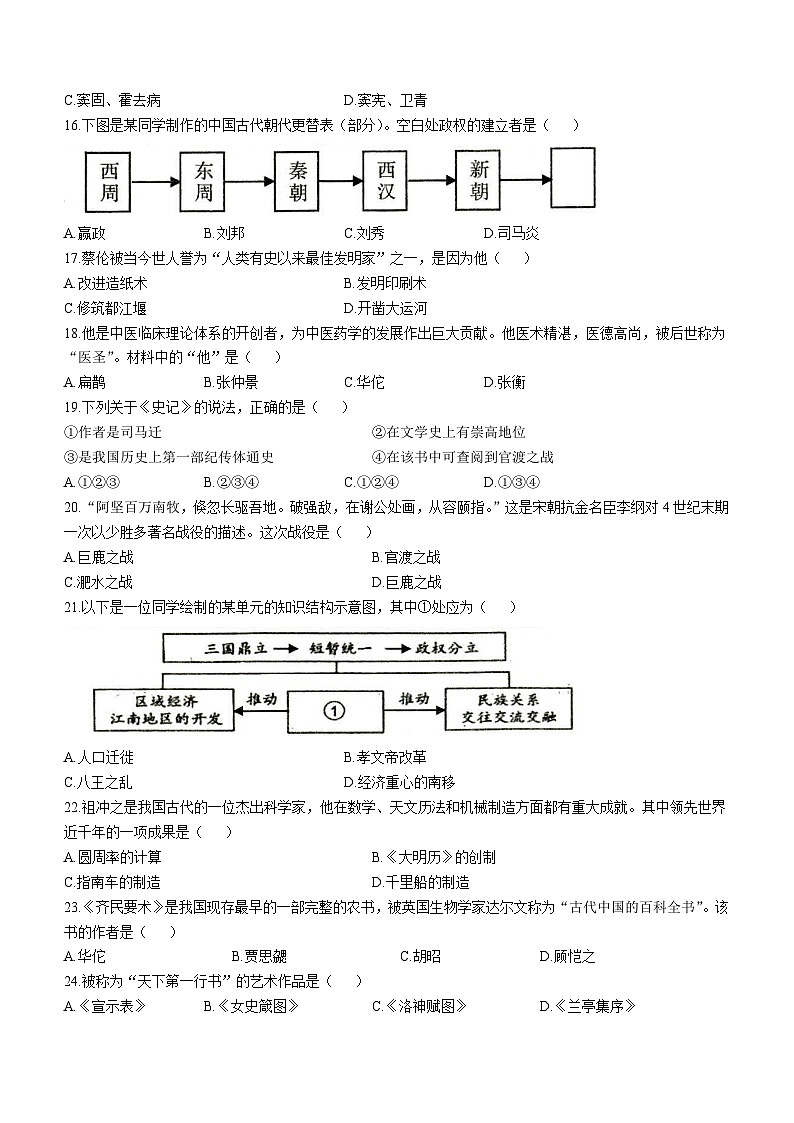 山东省枣庄市2023-2024学年七年级上学期期末考试历史试题(含答案)第3页