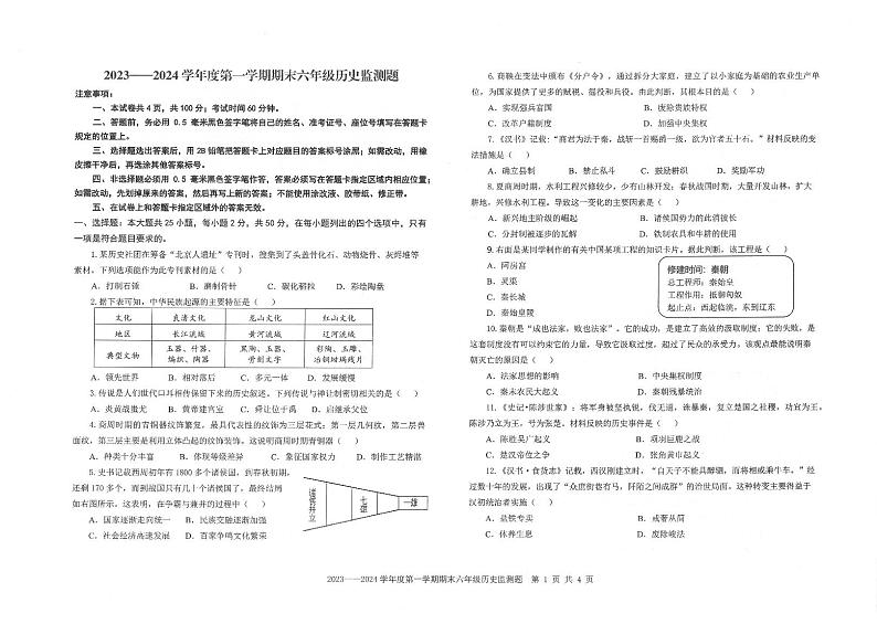 山东省烟台市福山区（五四制）2023-2024学年六年级上学期期末考试历史试题01