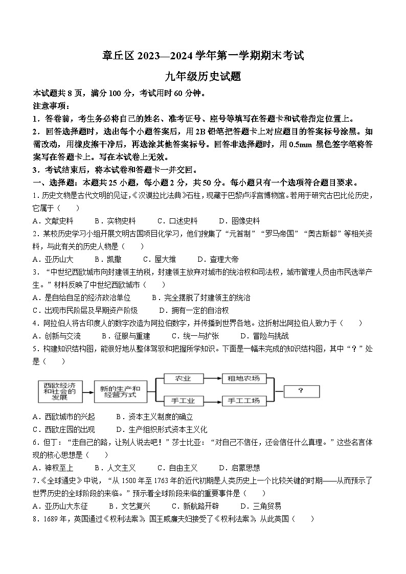 山东省济南市章丘区2023-2024学年上学期九年级历史期末试题(含答案)01