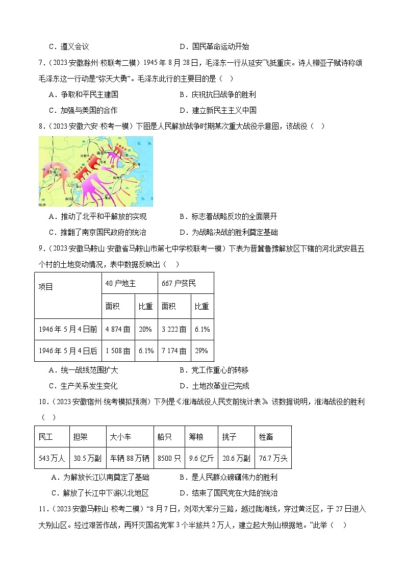 2024年安徽省九年级历史中考一轮复习题选编—— 人民解放战争（含答案）02